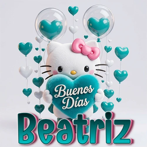 Hello Kitty abrazando un corazón turquesa grande con frase de buenos días, nombre abajo en turquesa con globos corazón. Nombre personalizado: Beatriz.