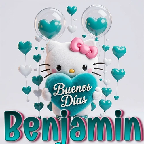 Hello Kitty abrazando un corazón turquesa grande con frase de buenos días, nombre abajo en turquesa con globos corazón. Nombre personalizado: Benjamin.
