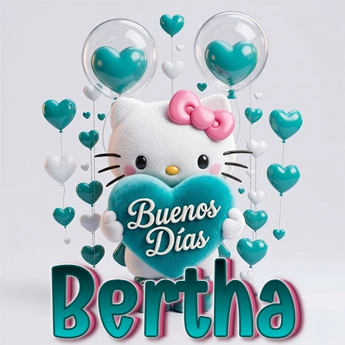 Hello Kitty abrazando un corazón turquesa grande con frase de buenos días, nombre abajo en turquesa con globos corazón. Nombre personalizado: Bertha.