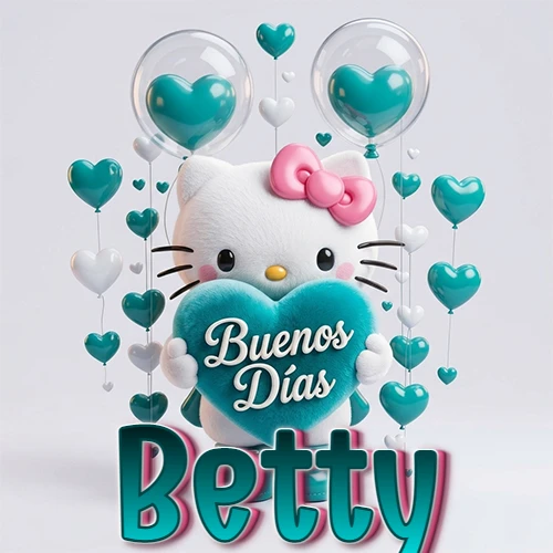 Hello Kitty abrazando un corazón turquesa grande con frase de buenos días, nombre abajo en turquesa con globos corazón. Nombre personalizado: Betty.