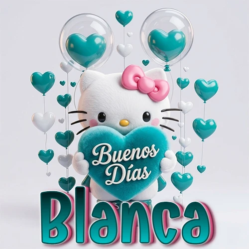 Hello Kitty abrazando un corazón turquesa grande con frase de buenos días, nombre abajo en turquesa con globos corazón. Nombre personalizado: Blanca.