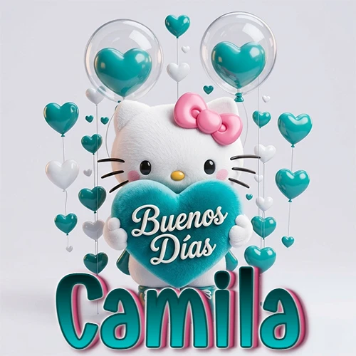 Hello Kitty abrazando un corazón turquesa grande con frase de buenos días, nombre abajo en turquesa con globos corazón. Nombre personalizado: Camila.