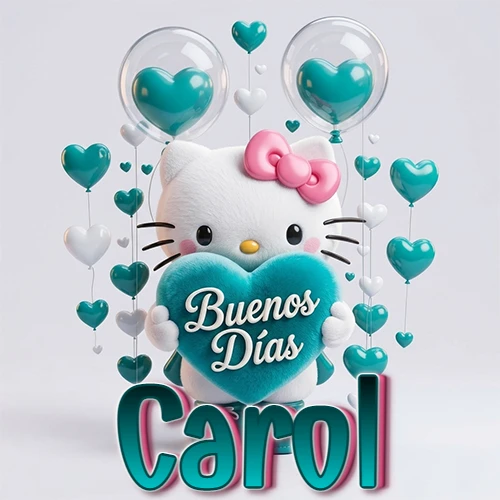 Hello Kitty abrazando un corazón turquesa grande con frase de buenos días, nombre abajo en turquesa con globos corazón. Nombre personalizado: Carol. Hello Kitty abrazando un corazón turquesa grande con frase de buenos días, nombre abajo en turquesa con globos corazón. Nombre personalizado: Carol.
