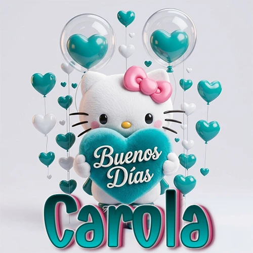 Hello Kitty abrazando un corazón turquesa grande con frase de buenos días, nombre abajo en turquesa con globos corazón. Nombre personalizado: Carola. Hello Kitty abrazando un corazón turquesa grande con frase de buenos días, nombre abajo en turquesa con globos corazón. Nombre personalizado: Carola.