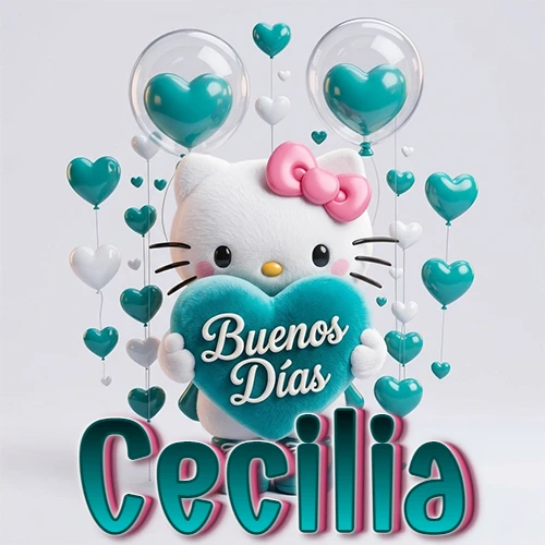 Hello Kitty abrazando un corazón turquesa grande con frase de buenos días, nombre abajo en turquesa con globos corazón. Nombre personalizado: Cecilia. Hello Kitty abrazando un corazón turquesa grande con frase de buenos días, nombre abajo en turquesa con globos corazón. Nombre personalizado: Cecilia.