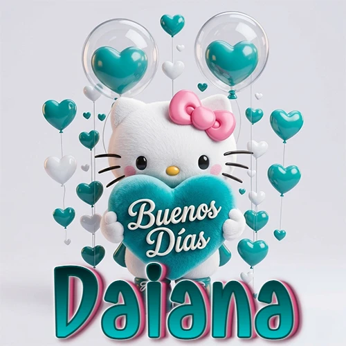 Hello Kitty abrazando un corazón turquesa grande con frase de buenos días, nombre abajo en turquesa con globos corazón. Nombre personalizado: Daiana. Hello Kitty abrazando un corazón turquesa grande con frase de buenos días, nombre abajo en turquesa con globos corazón. Nombre personalizado: Daiana.