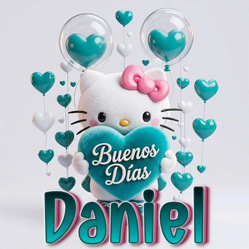 Hello Kitty abrazando un corazón turquesa grande con frase de buenos días, nombre abajo en turquesa con globos corazón. Nombre personalizado: Daniel. Hello Kitty abrazando un corazón turquesa grande con frase de buenos días, nombre abajo en turquesa con globos corazón. Nombre personalizado: Daniel.