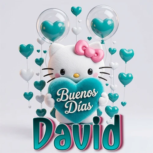 Hello Kitty abrazando un corazón turquesa grande con frase de buenos días, nombre abajo en turquesa con globos corazón. Nombre personalizado: David. Hello Kitty abrazando un corazón turquesa grande con frase de buenos días, nombre abajo en turquesa con globos corazón. Nombre personalizado: David.