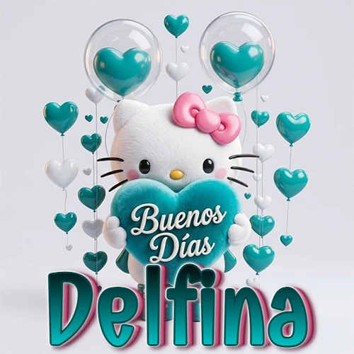 Hello Kitty abrazando un corazón turquesa grande con frase de buenos días, nombre abajo en turquesa con globos corazón. Nombre personalizado: Delfina. Hello Kitty abrazando un corazón turquesa grande con frase de buenos días, nombre abajo en turquesa con globos corazón. Nombre personalizado: Delfina.