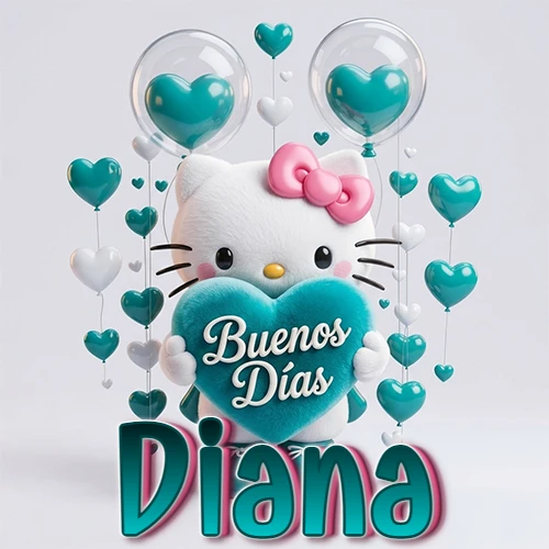 Hello Kitty abrazando un corazón turquesa grande con frase de buenos días, nombre abajo en turquesa con globos corazón. Nombre personalizado: Diana. Hello Kitty abrazando un corazón turquesa grande con frase de buenos días, nombre abajo en turquesa con globos corazón. Nombre personalizado: Diana.