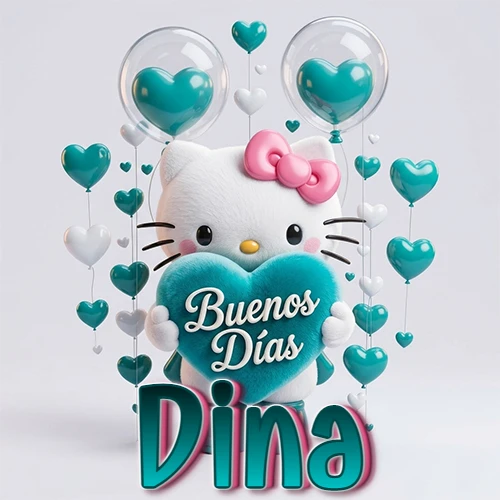 Hello Kitty abrazando un corazón turquesa grande con frase de buenos días, nombre abajo en turquesa con globos corazón. Nombre personalizado: Dina. Hello Kitty abrazando un corazón turquesa grande con frase de buenos días, nombre abajo en turquesa con globos corazón. Nombre personalizado: Dina.