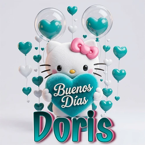 Hello Kitty abrazando un corazón turquesa grande con frase de buenos días, nombre abajo en turquesa con globos corazón. Nombre personalizado: Doris. Hello Kitty abrazando un corazón turquesa grande con frase de buenos días, nombre abajo en turquesa con globos corazón. Nombre personalizado: Doris.