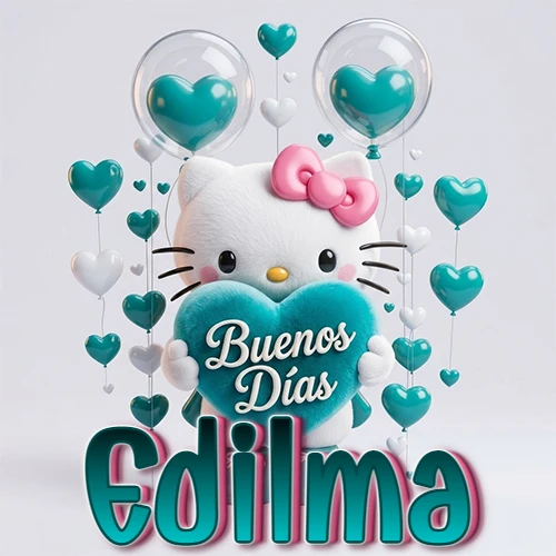 Hello Kitty abrazando un corazón turquesa grande con frase de buenos días, nombre abajo en turquesa con globos corazón. Nombre personalizado: Edilma. Hello Kitty abrazando un corazón turquesa grande con frase de buenos días, nombre abajo en turquesa con globos corazón. Nombre personalizado: Edilma.
