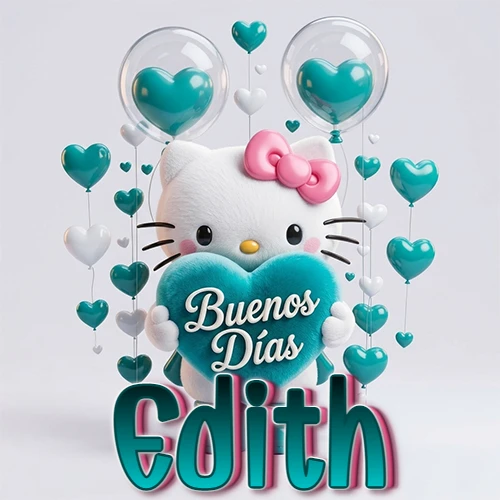Hello Kitty abrazando un corazón turquesa grande con frase de buenos días, nombre abajo en turquesa con globos corazón. Nombre personalizado: Edith. Hello Kitty abrazando un corazón turquesa grande con frase de buenos días, nombre abajo en turquesa con globos corazón. Nombre personalizado: Edith.
