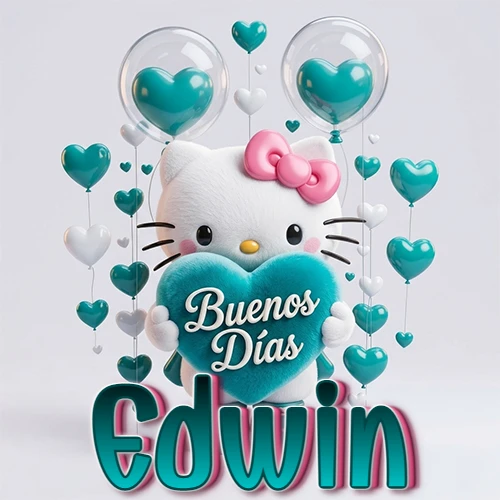 Hello Kitty abrazando un corazón turquesa grande con frase de buenos días, nombre abajo en turquesa con globos corazón. Nombre personalizado: Edwin. Hello Kitty abrazando un corazón turquesa grande con frase de buenos días, nombre abajo en turquesa con globos corazón. Nombre personalizado: Edwin.