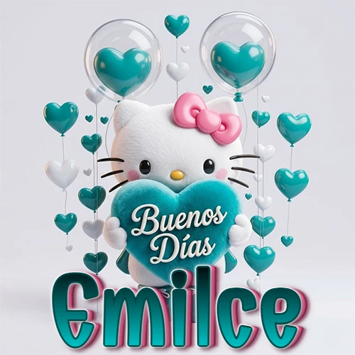 Hello Kitty abrazando un corazón turquesa grande con frase de buenos días, nombre abajo en turquesa con globos corazón. Nombre personalizado: Emilce. Hello Kitty abrazando un corazón turquesa grande con frase de buenos días, nombre abajo en turquesa con globos corazón. Nombre personalizado: Emilce.