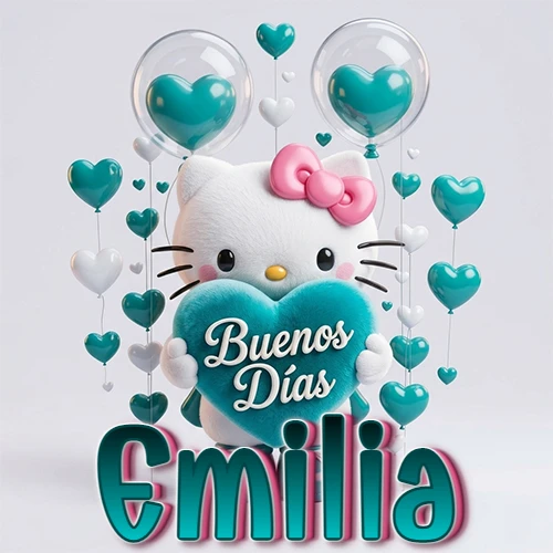 Hello Kitty abrazando un corazón turquesa grande con frase de buenos días, nombre abajo en turquesa con globos corazón. Nombre personalizado: Emilia. Hello Kitty abrazando un corazón turquesa grande con frase de buenos días, nombre abajo en turquesa con globos corazón. Nombre personalizado: Emilia.