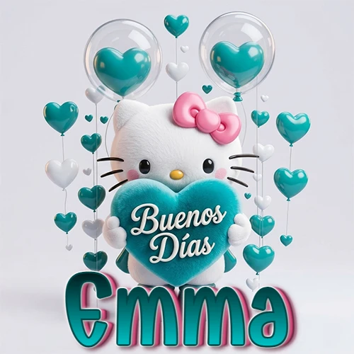 Hello Kitty abrazando un corazón turquesa grande con frase de buenos días, nombre abajo en turquesa con globos corazón. Nombre personalizado: Emma. Hello Kitty abrazando un corazón turquesa grande con frase de buenos días, nombre abajo en turquesa con globos corazón. Nombre personalizado: Emma.