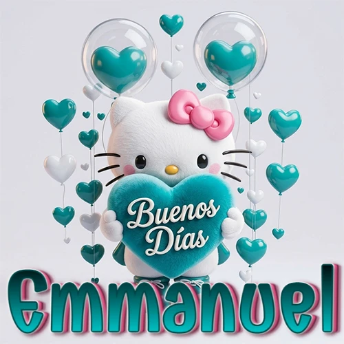 Hello Kitty abrazando un corazón turquesa grande con frase de buenos días, nombre abajo en turquesa con globos corazón. Nombre personalizado: Emmanuel. Hello Kitty abrazando un corazón turquesa grande con frase de buenos días, nombre abajo en turquesa con globos corazón. Nombre personalizado: Emmanuel.