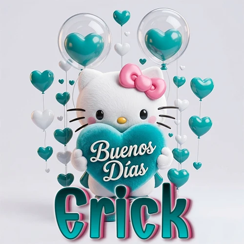 Hello Kitty abrazando un corazón turquesa grande con frase de buenos días, nombre abajo en turquesa con globos corazón. Nombre personalizado: Erick. Hello Kitty abrazando un corazón turquesa grande con frase de buenos días, nombre abajo en turquesa con globos corazón. Nombre personalizado: Erick.