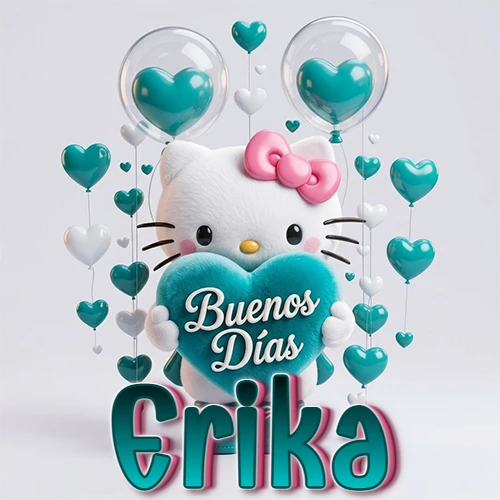 Hello Kitty abrazando un corazón turquesa grande con frase de buenos días, nombre abajo en turquesa con globos corazón. Nombre personalizado: Erika. Hello Kitty abrazando un corazón turquesa grande con frase de buenos días, nombre abajo en turquesa con globos corazón. Nombre personalizado: Erika.