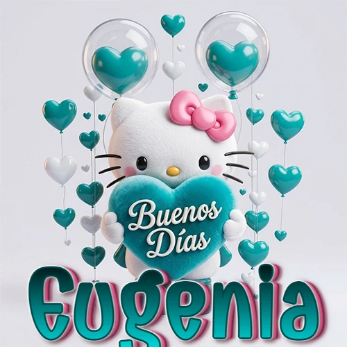 Hello Kitty abrazando un corazón turquesa grande con frase de buenos días, nombre abajo en turquesa con globos corazón. Nombre personalizado: Eugenia. Hello Kitty abrazando un corazón turquesa grande con frase de buenos días, nombre abajo en turquesa con globos corazón. Nombre personalizado: Eugenia.