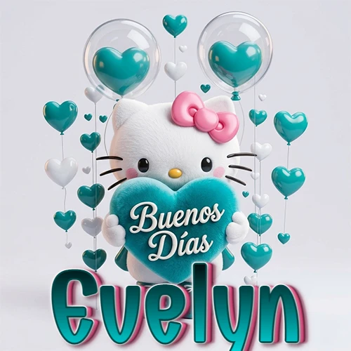 Hello Kitty abrazando un corazón turquesa grande con frase de buenos días, nombre abajo en turquesa con globos corazón. Nombre personalizado: Evelyn. Hello Kitty abrazando un corazón turquesa grande con frase de buenos días, nombre abajo en turquesa con globos corazón. Nombre personalizado: Evelyn.