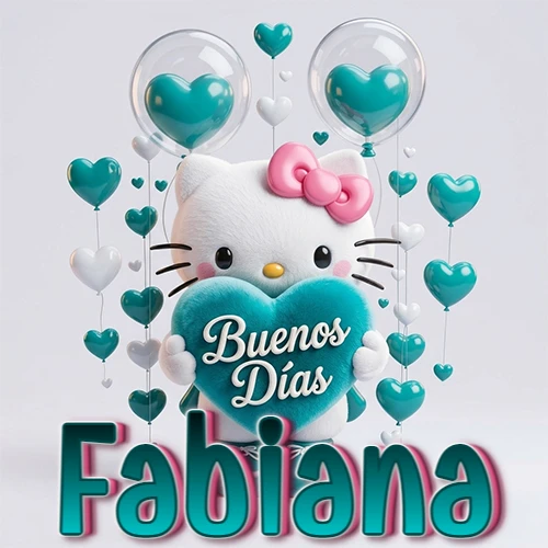 Hello Kitty abrazando un corazón turquesa grande con frase de buenos días, nombre abajo en turquesa con globos corazón. Nombre personalizado: Fabiana. Hello Kitty abrazando un corazón turquesa grande con frase de buenos días, nombre abajo en turquesa con globos corazón. Nombre personalizado: Fabiana.