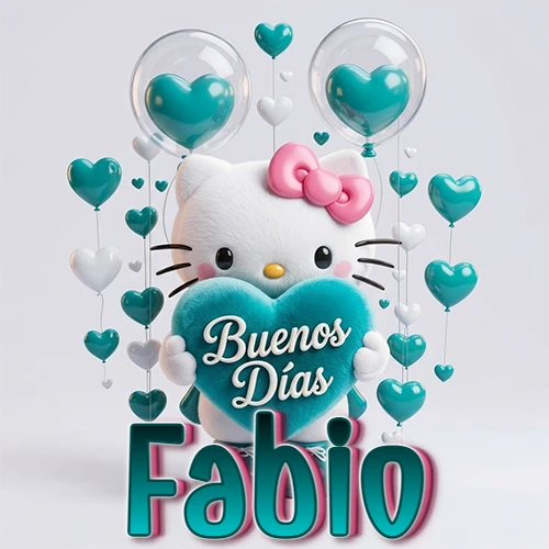 Hello Kitty abrazando un corazón turquesa grande con frase de buenos días, nombre abajo en turquesa con globos corazón. Nombre personalizado: Fabio.