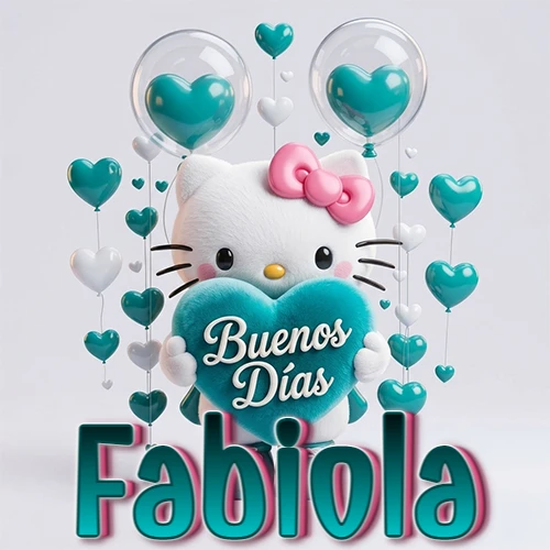 Hello Kitty abrazando un corazón turquesa grande con frase de buenos días, nombre abajo en turquesa con globos corazón. Nombre personalizado: Fabiola.