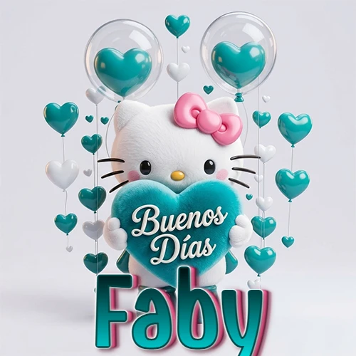 Hello Kitty abrazando un corazón turquesa grande con frase de buenos días, nombre abajo en turquesa con globos corazón. Nombre personalizado: Faby.