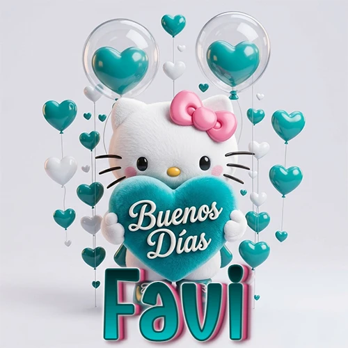 Hello Kitty abrazando un corazón turquesa grande con frase de buenos días, nombre abajo en turquesa con globos corazón. Nombre personalizado: Favi.