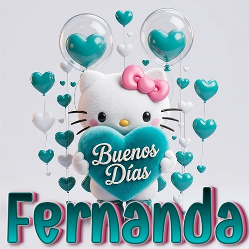 Hello Kitty abrazando un corazón turquesa grande con frase de buenos días, nombre abajo en turquesa con globos corazón. Nombre personalizado: Fernanda.