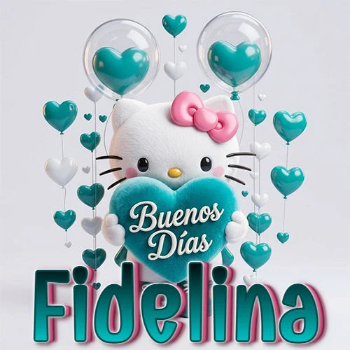 Hello Kitty abrazando un corazón turquesa grande con frase de buenos días, nombre abajo en turquesa con globos corazón. Nombre personalizado: Fidelina.