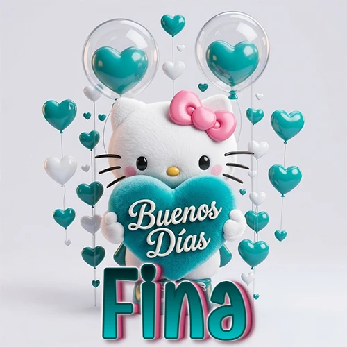 Hello Kitty abrazando un corazón turquesa grande con frase de buenos días, nombre abajo en turquesa con globos corazón. Nombre personalizado: Fina.