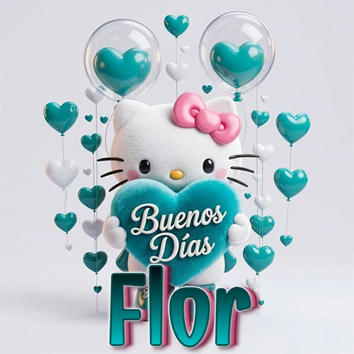 Hello Kitty abrazando un corazón turquesa grande con frase de buenos días, nombre abajo en turquesa con globos corazón. Nombre personalizado: Flor.