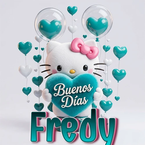 Hello Kitty abrazando un corazón turquesa grande con frase de buenos días, nombre abajo en turquesa con globos corazón. Nombre personalizado: Fredy.