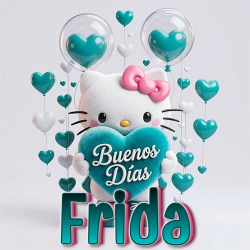 Hello Kitty abrazando un corazón turquesa grande con frase de buenos días, nombre abajo en turquesa con globos corazón. Nombre personalizado: Frida. Hello Kitty abrazando un corazón turquesa grande con frase de buenos días, nombre abajo en turquesa con globos corazón. Nombre personalizado: Frida.