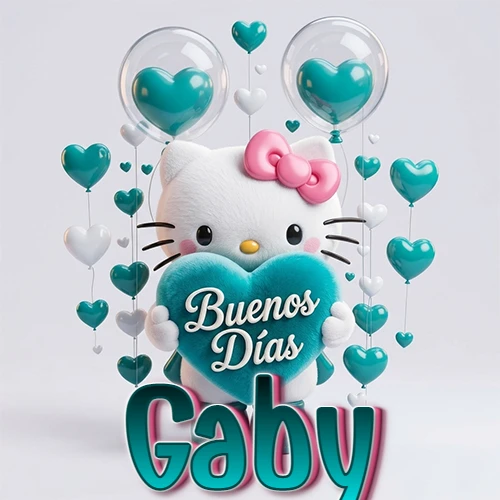 Hello Kitty abrazando un corazón turquesa grande con frase de buenos días, nombre abajo en turquesa con globos corazón. Nombre personalizado: Gaby.