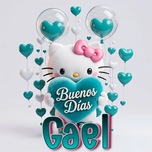 Hello Kitty abrazando un corazón turquesa grande con frase de buenos días, nombre abajo en turquesa con globos corazón. Nombre personalizado: Gael.