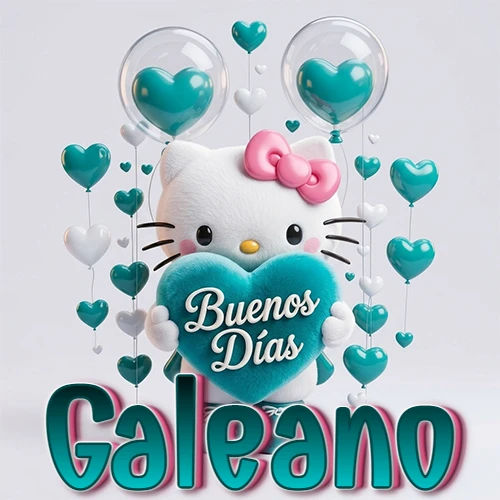 Hello Kitty abrazando un corazón turquesa grande con frase de buenos días, nombre abajo en turquesa con globos corazón. Nombre personalizado: Galeano.
