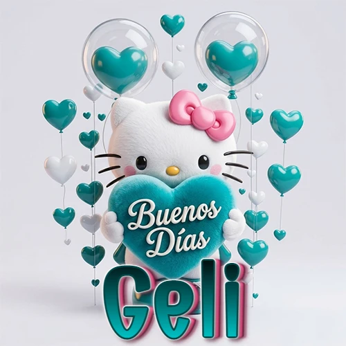 Hello Kitty abrazando un corazón turquesa grande con frase de buenos días, nombre abajo en turquesa con globos corazón. Nombre personalizado: Geli.