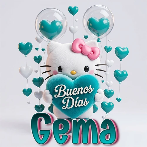 Hello Kitty abrazando un corazón turquesa grande con frase de buenos días, nombre abajo en turquesa con globos corazón. Nombre personalizado: Gema. Hello Kitty abrazando un corazón turquesa grande con frase de buenos días, nombre abajo en turquesa con globos corazón. Nombre personalizado: Gema.