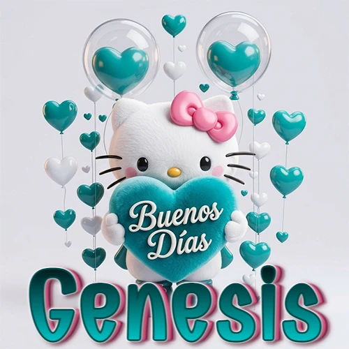Hello Kitty abrazando un corazón turquesa grande con frase de buenos días, nombre abajo en turquesa con globos corazón. Nombre personalizado: Genesis.