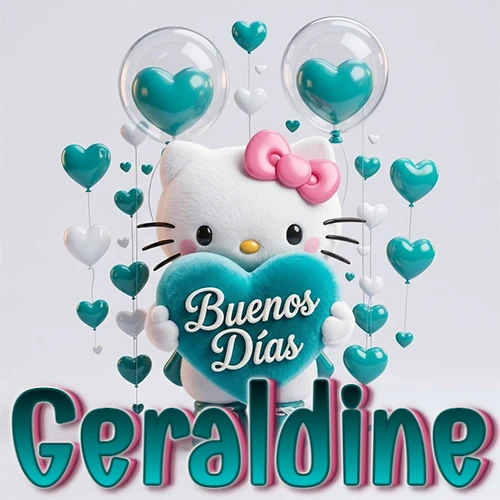 Hello Kitty abrazando un corazón turquesa grande con frase de buenos días, nombre abajo en turquesa con globos corazón. Nombre personalizado: Geraldine.