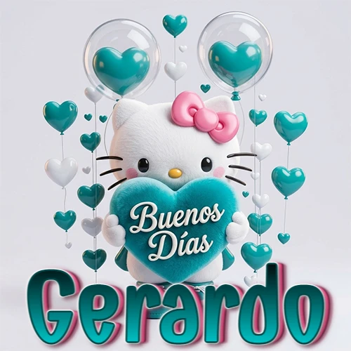 Hello Kitty abrazando un corazón turquesa grande con frase de buenos días, nombre abajo en turquesa con globos corazón. Nombre personalizado: Gerardo.