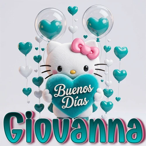 Hello Kitty abrazando un corazón turquesa grande con frase de buenos días, nombre abajo en turquesa con globos corazón. Nombre personalizado: Giovanna.