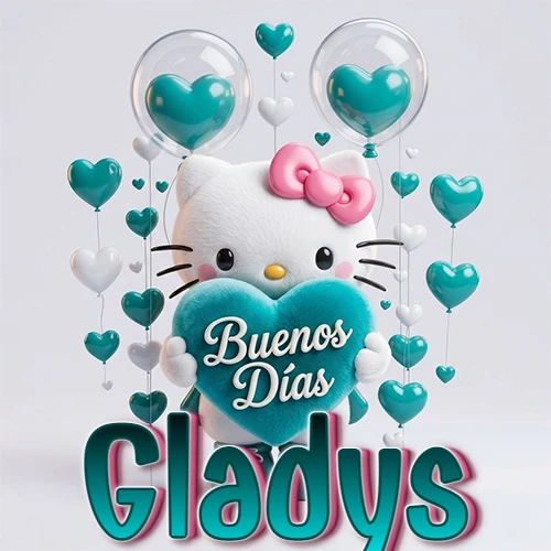 Hello Kitty abrazando un corazón turquesa grande con frase de buenos días, nombre abajo en turquesa con globos corazón. Nombre personalizado: Gladys.