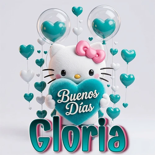 Hello Kitty abrazando un corazón turquesa grande con frase de buenos días, nombre abajo en turquesa con globos corazón. Nombre personalizado: Gloria.