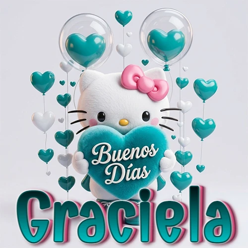 Hello Kitty abrazando un corazón turquesa grande con frase de buenos días, nombre abajo en turquesa con globos corazón. Nombre personalizado: Graciela.